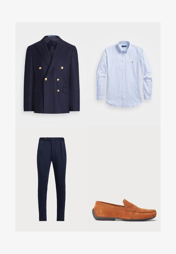 Sininen kaksirivinen bleiseri kultaisilla nappilla ja hihalla, jossa on kaksi etupussikoloa ja rintatasku.; Vaaleansininen ja valkoinen raidallinen napillinen paita, jossa on klassinen kaulus, pitkät hihat ja pieni brodeerattu logo rintataskussa.; Navy siniset räätälöidyt housut, joissa on tasainen etu, kaksi etupuolelle ommeltua laskosta ja yksi nappisulku, valmistettu sileästä, teksturoidusta kankaasta.; Ruske hiekkakivipohjaiset loaferit, joissa on mokkasiinityyppinen muotoilu, tikattu varvasosa, helposti jalkaan sujahtava malli ja kumipohja pidon parantamiseksi.