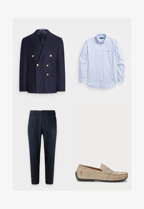 Marineblaue, doppelte Blazerjacke mit goldenen Knöpfen und Reverskragen, ausgestattet mit zwei aufgesetzten Fronttaschen und einer Brustleistentasche.; Helles blau-weiß gestreiftes Hemd mit Knopfverschluss, klassischem Kragen, langen Ärmeln und einem kleinen gestickten Logo auf der Brust.; Marineblaue Hose mit geradem Schnitt, ausgestattet mit einem Knopfverschluss, Falten an der Vorderseite und einem elastischen Bund für zusätzlichen Komfort. Glatte Textur.; Beige Wildleder Slipper mit gesticktem Detail, flacher Gummisohle und kleinem Logo an der Seite. Klassisches Slip-On-Design, weicher Textur.