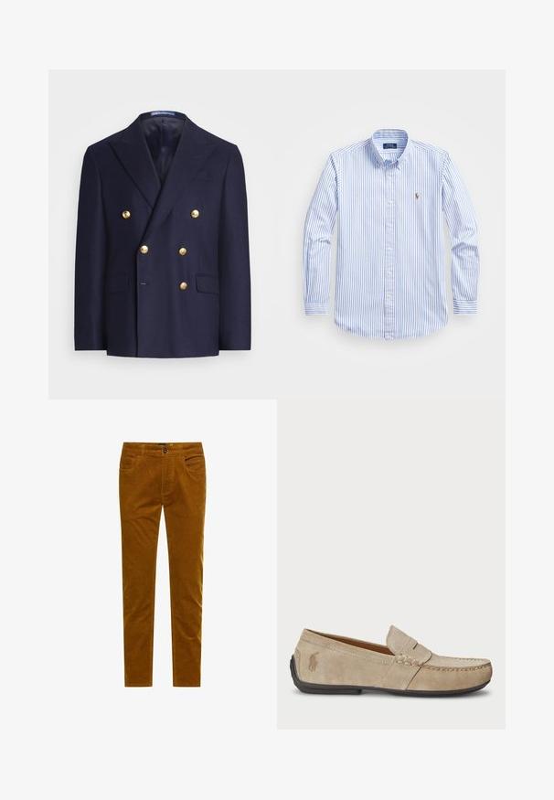 Marineblå, dobbeltbrystet blazer med guldknapper og slåede kraver, der har to frontlommer med klap og en brystlomme.; Lyseblå og hvidstribet skjorte med knaplukning, klassisk krave, lange ærmer og et lille broderet logo på brystet.; Brune fløjlsbukser med slim fit, der har fem lommer, en frontlukning med knap og en karakteristisk ribbet tekstur overalt.; Beige ruskindsloafers med syninger, flad gummisål og et lille logo på siden. Klassisk slip-on design, blød tekstur.
