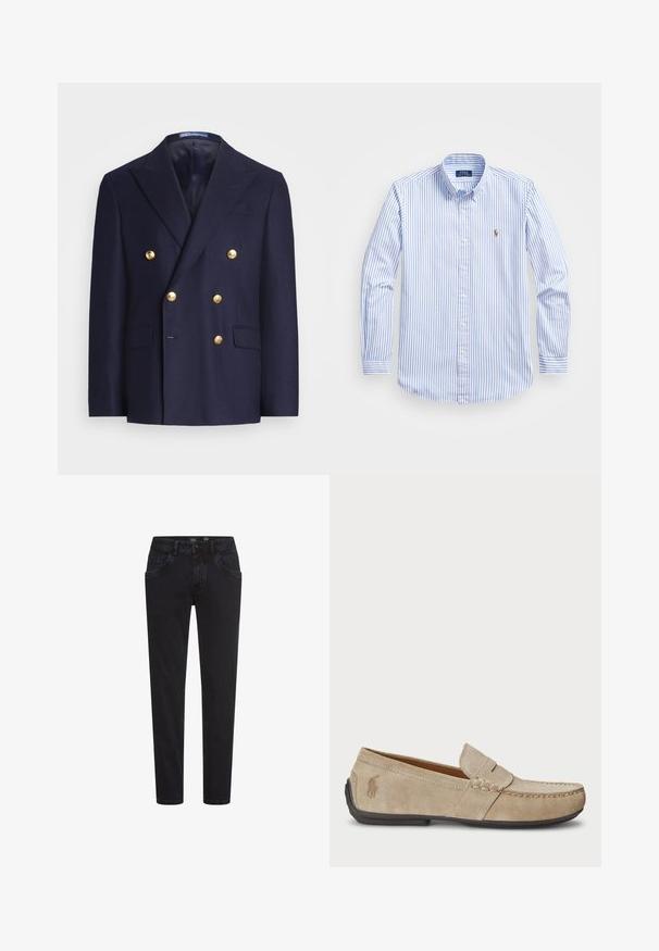 Granatowy dwurzędowy marynarka z złotymi guzikami i klapami, z dwoma przednimi kieszeniami z klapami oraz kieszenią na piersi.; Jasnoniebieska i biała koszula z długim rękawem, z klasycznym kołnierzykiem, w paski, z małym haftowanym logo na piersi.; Czarne dżinsy o slim fit, z przednimi kieszeniami, zamkiem błyskawicznym i gładką fakturą. Klasyczny pięciokieszeniowy fason, wszechstronny w codziennych stylizacjach.; Beżowe zamszowe loafersy z przeszyciem, płaską gumową podeszwą i małym logo po boku. Klasyczny model wsuwany, miękka faktura.