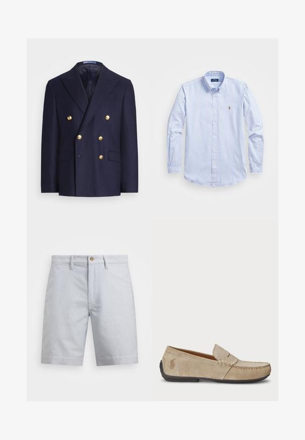 Navy blue double-breasted blazer with gold buttons and notch lapels, featuring two front flap pockets and a chest welt pocket.; Light blue and white striped button-up shirt with a classic collar, long sleeves, and a small embroidered logo on the chest.; Striped shorts in light blue and white. Made from cotton, featuring a button closure, side pockets, and a straight hemline.; Beige suede loafers with a stitched detail, flat rubber sole, and a small logo on the side. Classic slip-on design, soft texture.