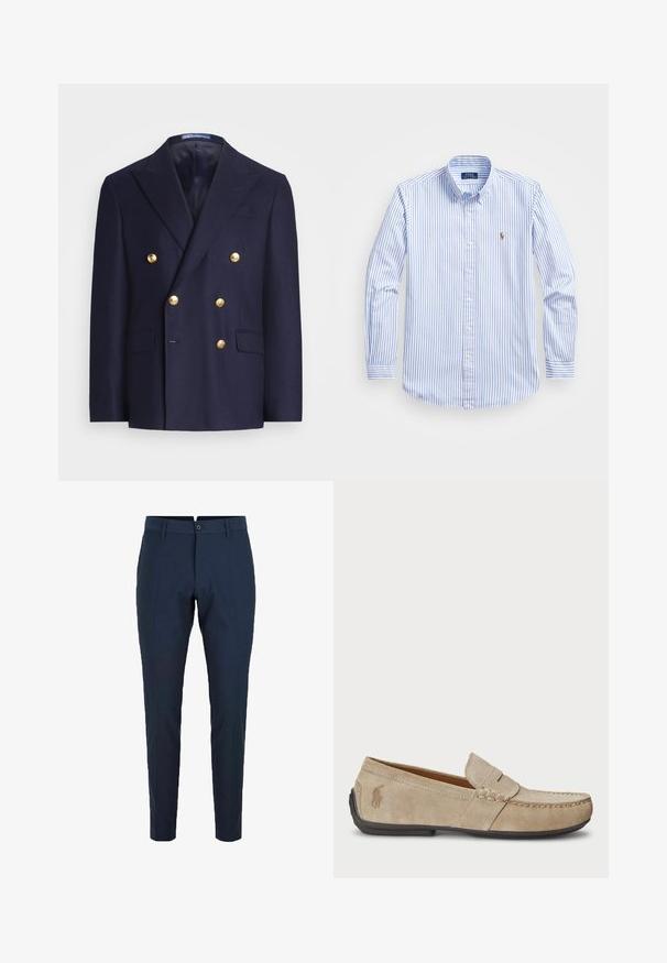 Ναυτικό μπλε διπλόσακο σακάκι με χρυσά κουμπιά και κοφτές λάπλες, διαθέτοντας δύο μπροστινές πλαϊνές τσέπες και μία τσέπη στο στήθος.; Ανοιχτό μπλε και λευκή ριγέ πουκαμίσα με κλασικό γιακά, μακριά μανίκια και μικρό κεντημένο λογότυπο στο στήθος.; Ναυτικό μπλε παντελόνι κομμένο, με θηλιές ζώνης, πιέτες μπροστά και σλιμ φιτ σχέδιο. Φτιαγμένο από ελαφρύ, απαλό ύφασμα.; Μπεζ σουέτ μοκασίνια με ραμμένο σχέδιο, επίπεδη καουτσούκ σόλα και μικρό λογότυπο στο πλάι. Κλασικός σχεδιασμός που φοριέται εύκολα, μαλακή υφή.