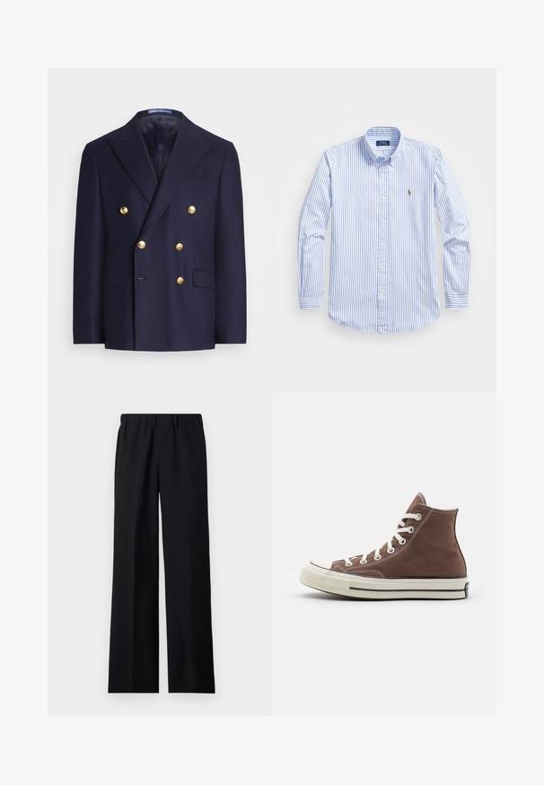 Marineblaue, doppelte Blazerjacke mit goldenen Knöpfen und Reverskragen, ausgestattet mit zwei aufgesetzten Fronttaschen und einer Brustleistentasche.; Helles blau-weiß gestreiftes Hemd mit Knopfverschluss, klassischem Kragen, langen Ärmeln und einem kleinen gestickten Logo auf der Brust.; sandro LARGE - Stoffhose - noir; Brauner Hochschaft-Leinenschuh mit weißen Schnürsenkeln, Gummikappe und schwarzem Streifen an der Sohle. Mit weißer Naht und klassischem Design.