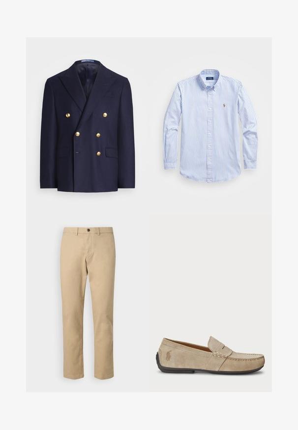 Sacou bleumarin cu două rânduri de nasturi, cu nasturi aurii și revere tăiate, având două buzunare frontale cu clapă și un buzunar pentru piept.; Cămașă cu dungi albastre deschise și albe, cu guler clasic, mâneci lungi și un mic logo brodat pe piept.; GAP SLIM PERFORMANCE STRETCH - Pantaloni chino - khaki; Loafers din suede bej, cu detalii cusute, talpă din cauciuc plat și un logo mic pe lateral. Design clasic de tip slip-on, textură moale.