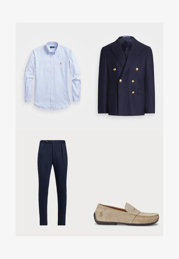 Blazer azul marino de doble botonadura con botones dorados y solapas en pico, que cuenta con dos bolsillos delanteros con solapa y un bolsillo en el pecho.; Camisa de botón a rayas azul claro y blanca, con cuello clásico, mangas largas y un pequeño logo bordado en el pecho.; Pantalones ajustados azul marino con frontal plano, dos pliegues delanteros y un cierre de botón, con una tela suave y texturizada.; Mocasines de ante beige con detalle cosido, suela de goma plana y un pequeño logotipo en el lateral. Diseño clásico de slip-on, textura suave.