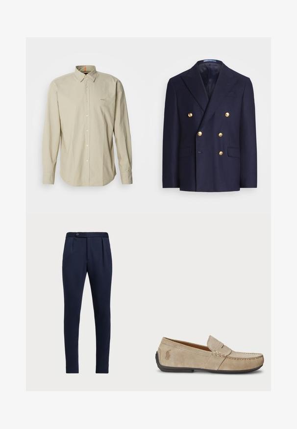 Tume sinine topeltpinna jakki, millel on kuldsed nupud ja lõikega krae, sisaldab kahte eesmist klapptaskut ning rinna welt-taskut.; Beež pikasleeve nööbitav särk, millel on struktureeritud krae, millel on plaastr tasku ja peen logo tikand rinna piirkonnas. Sile, kerge kangas.; Tumesinine voodriga püksid, millel on tasane esiosa, kaks esirühti ja ühe nupuga sulgemine, mis on valmistatud siledast tekstuuriga kangast.; Bež sueded loafers, mille õmblustega detailide, lame kummitald ja väike logo küljel. Klassikaline libisev disain, pehme tekstuur.