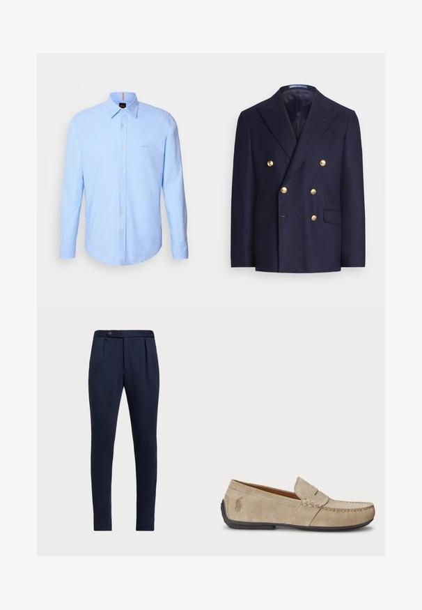 Mēteņu zils divrindīgs žakets ar zelta pogām un iegrieztām atlokiem, ar divām priekšējām kabatām ar atloku un krūšu kabatu ar šuvi.; Gaiši zils garām piedurknēm krekls izgatavots no kokvilnas, ar pogām aizdare, pogu priekšpusi un diskrētu logo izšuvumu krūtīs.; Tumši zila piegriezuma bikses ar plakanu priekšpusi, diviem priekšējiem izgriezumiem un vienu pogu, ar gludu, teksturētu audumu.; Beige zamšveida loaferi ar izšūtu detaļu, platu gumijas zoli un mazu logo sānos. Klasisks viegli uzvelkamais dizains, mīksta tekstūra.