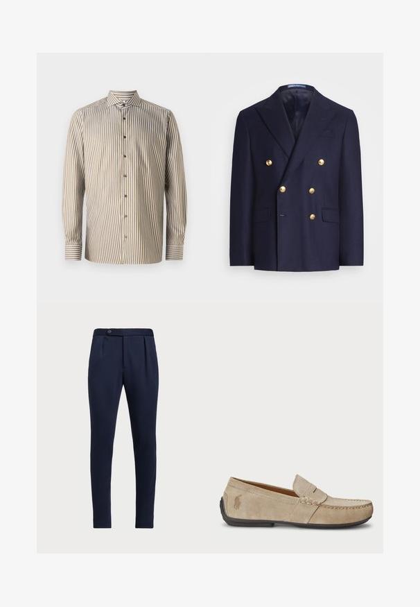 Navy blue double-breasted blazer with gold buttons and notch lapels, featuring two front flap pockets and a chest welt pocket.; Striped button-up shirt in brown and white, long sleeves, classic collar, features vertical stripes and contrasting cuff detailing.; Navy blue tailored pants with a flat front, two front pleats, and a single button closure, featuring a smooth, textured fabric.; Beige suede loafers with a stitched detail, flat rubber sole, and a small logo on the side. Classic slip-on design, soft texture.