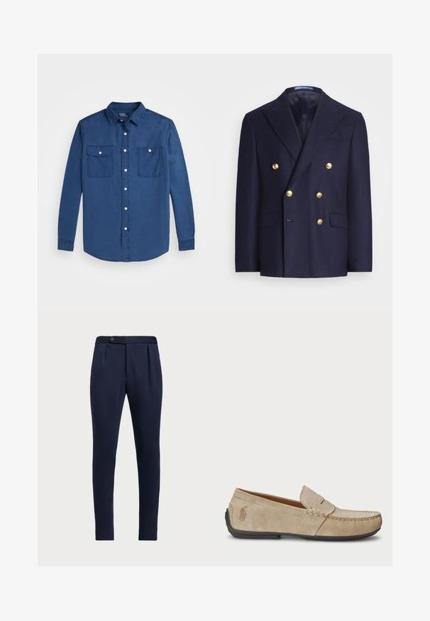 Sacou bleumarin cu două rânduri de nasturi, cu nasturi aurii și revere tăiate, având două buzunare frontale cu clapă și un buzunar pentru piept.; Cămașă cu mânecă lungă, căptușită în bumbac bleu marin. Prezintă două buzunare pe piept, nasturi albi și un guler clasic cu margine rotunjită.; Pantaloni personalizați bleumarin, cu față plată, două plinuri frontale și un sistem de închidere cu un singur nasture, având un material neted și texturat.; Loafers din suede bej, cu detalii cusute, talpă din cauciuc plat și un logo mic pe lateral. Design clasic de tip slip-on, textură moale.