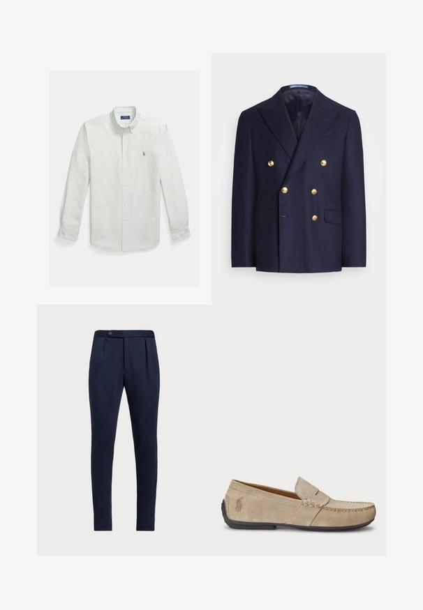 Blazer azul marinho de dois botões com botões dourados e lapelas em bico, apresentando dois bolsos frontais com aba e um bolso de peito.; Camisa de botão riscada com listras verticais verdes claras e brancas, mangas longas e um pequeno logótipo bordado no peito. Material de algodão.; Calças ajustadas azul-marinho com frente lisa, duas pregas frontais e fecho de botão único, apresentando um tecido liso e texturizado.; Mocassins de camurça beiges com um detalhe costurado, sola de borracha plana e um pequeno logotipo de lado. Design clássico de calçar, textura suave.