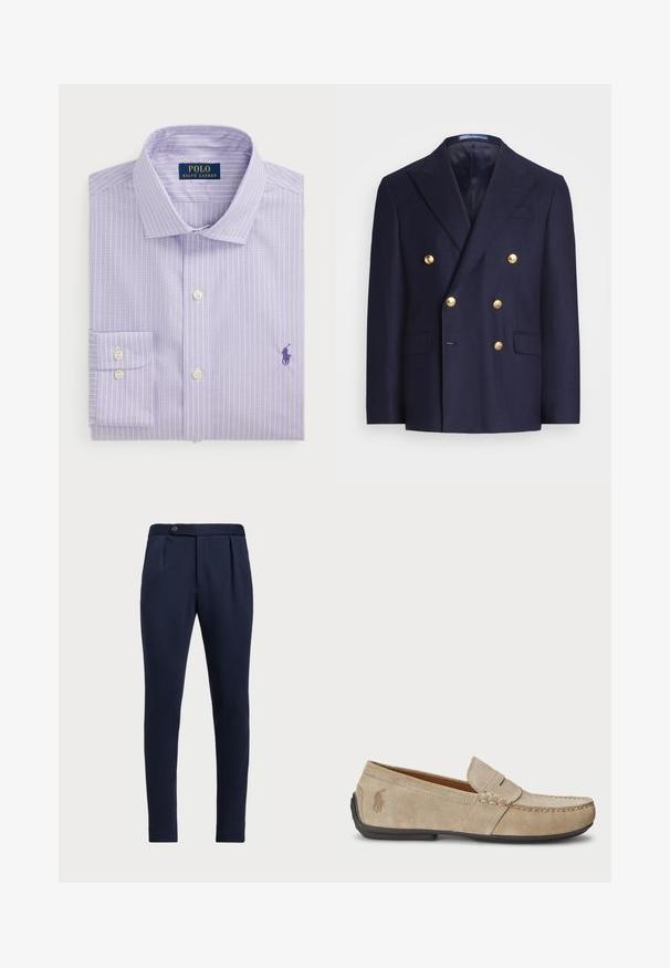Temno moder dvoredni blejzer z zlatimi gumbi in zataknjenimi klapami, ki ima dve sprednji žepni odprtini in prsni žep.; Svetlo vijolična srajca z belimi vertikalnimi črtami, z gumbom ob vratu, eno prsno žep, z vezenim logotipom v temno vijolični barvi.; Temno modri hlače po meri z ravnim sprednjim delom, dvema sprednjima pregiboma in z enim gumbom za zapiranje, iz gladkega teksturiranega materiala.; Bež nubuk loafers s šivano podrobnostjo, ravnim gumijastim podplatom in majhnim logotipom ob strani. Klasična zasnova za enostavno obuvanje, mehak material.