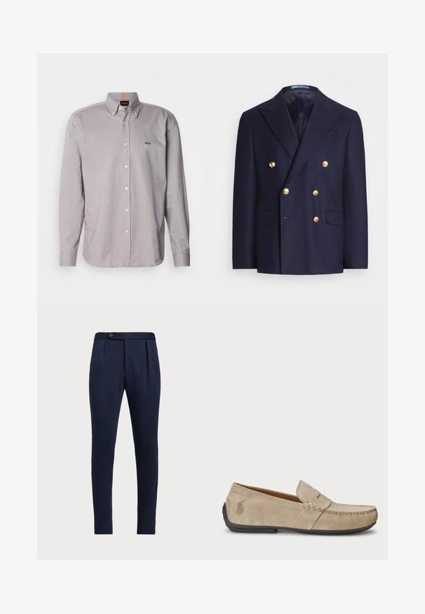 Temno moder dvoredni blejzer z zlatimi gumbi in zataknjenimi klapami, ki ima dve sprednji žepni odprtini in prsni žep.; Svetlo siva košeljica na gumb iz lahkotnega materiala, z ovratnikom, dolgimi rokavi in majhnim vezenim logotipom na prsih.; Temno modri hlače po meri z ravnim sprednjim delom, dvema sprednjima pregiboma in z enim gumbom za zapiranje, iz gladkega teksturiranega materiala.; Bež nubuk loafers s šivano podrobnostjo, ravnim gumijastim podplatom in majhnim logotipom ob strani. Klasična zasnova za enostavno obuvanje, mehak material.