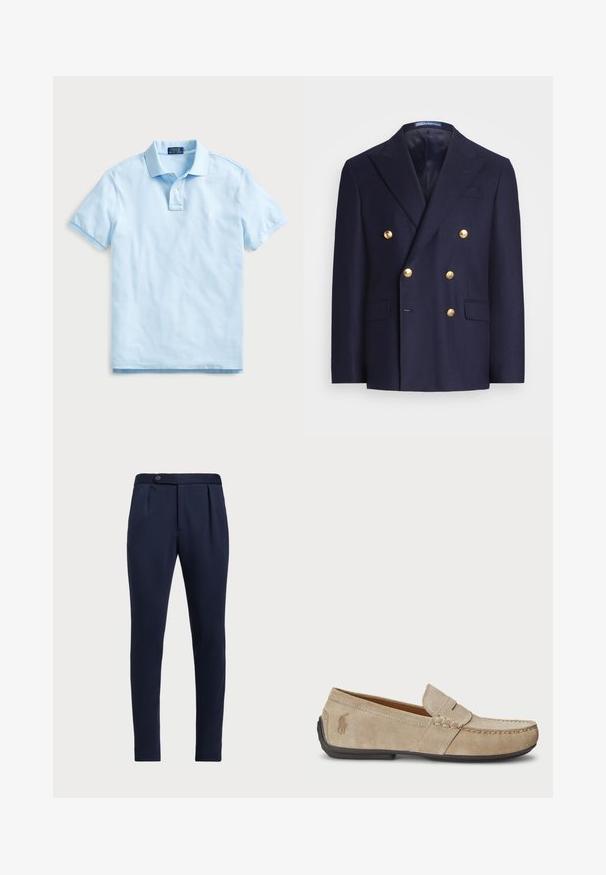 Blazer croisé bleu marine avec des boutons dorés et des revers crantés, comprenant deux poches à rabat à l'avant et une poche poitrine passepoilée.; Polo de couleur bleu clair en coton, à manches courtes, avec un col rabattu et une patte de boutonnage à trois boutons. Présente un petit logo brodé sur la poitrine.; Pantalons ajustés bleu marine avec un devant plat, deux plis avant et une fermeture à un bouton, en tissu lisse et texturé.; Mocassins en suede beige avec un détail cousu, semelle en caoutchouc plate et un petit logo sur le côté. Design classique à enfiler, texture douce.