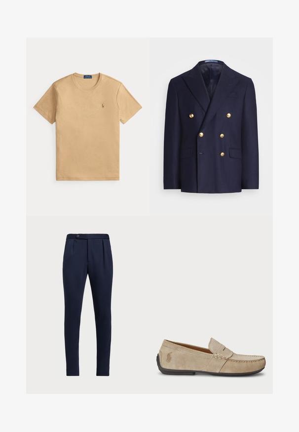 Tengerészkék, dupla gombos blézer arany gombokkal és notche nyakkivágással, két elülső zsebével és egy mellzsebbéllel.; Beige rövid ujjú, kerek nyakú póló, bal mellrészen apró hímezett Polo Ralph Lauren logóval és kék márkajelzéssel a galléron.; Tengerészeti kék, testreszabott nadrág, lapos elejű, két elülső pliszével és egy gombos záródással, sima, textúrált anyaggal.; Beige velúr mokaszin, varrott díszítéssel, lapos gumitalppal és kis logóval az oldalon. Klasszikus slip-on dizájn, puha tapintású.