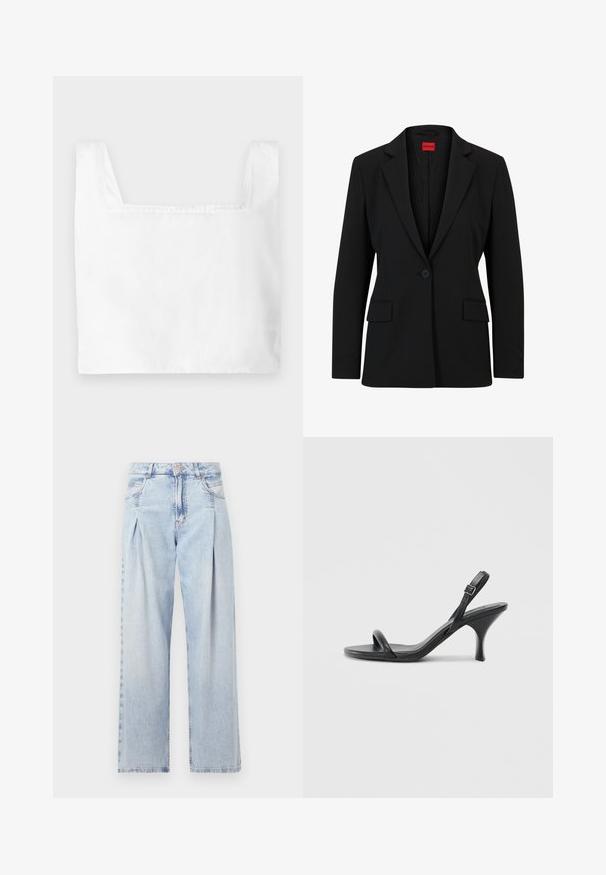 Čierny blejzer s klopaným golierom a jedným gombíkom na zapínanie. Obsahuje dve predné vrecká a hladkú podšívku s jemným vzorom.; Biele skrátené tričko so štvorcovým výstrihom, vyrobené z ľahkej látky. Obsahuje čisté švy a široké ramenné popruhy.; Svetlomodré džínsy s vysokým pásom, širším strihom po celej dĺžke, dvoma bočnými vreckami a skladaným dizajnom. Mäkka textúra s vyblednutým vzhľadom.; Čierne kožené sandále na vysokom podpätku s štíhlym, zakriveným podpätkom a prekríženým pásikovým dizajnom. Nastaviteľný pásik okolo členka. Hladká textúra.