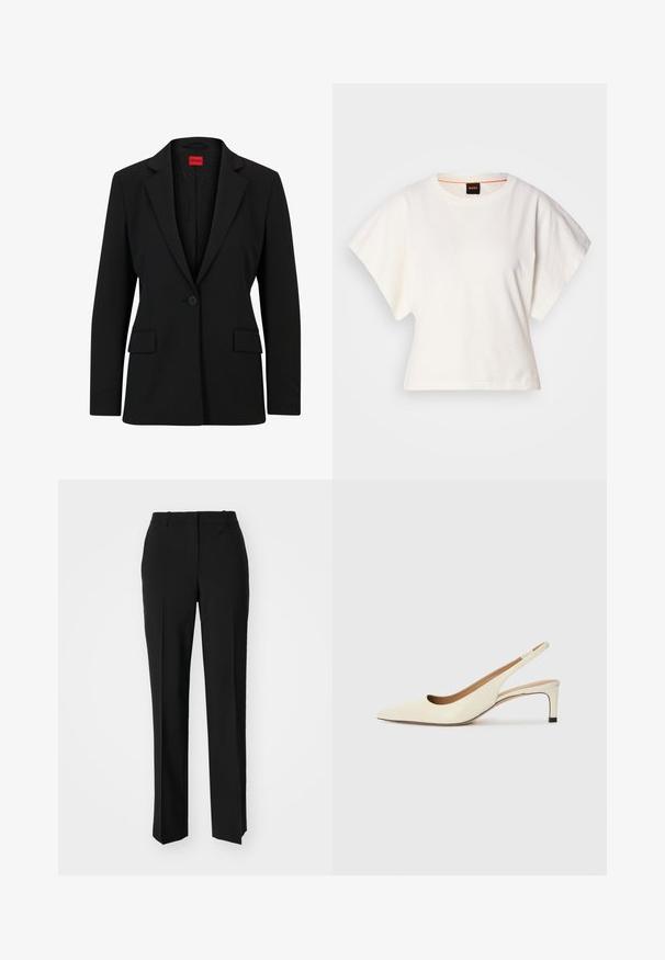 Schwarzer Blazer mit einem Reverskragen und einem einzelnen Knopfverschluss. Verfügt über zwei Vordertaschen und ein glattes Innenfutter mit einem dezenten Muster.; Weißes, kurzes T-Shirt, kurze weite Ärmel, weicher Baumwollstoff, runder Ausschnitt mit subtilen orangefarbenen Akzenten, minimales Design, keine Muster oder Grafiken.; Schwarze, taillierte Hose mit geradem Bein, aus einem glatten Stoff und mit klaren Falten an der Vorderseite. Keine sichtbare Hardware.; Spitz zulaufender Slingback-Schuh aus cremefarbenem Leder, ausgestattet mit einem niedrigen Absatz und einem ausgeschnittenen Design mit glatter Textur und minimalen Akzenten.