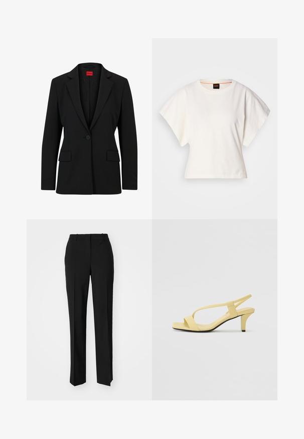 Blazer nero con rever a punta e chiusura a un bottone. Presenta due tasche frontali e una fodera liscia con un motivo sottile.; T-shirt bianca cropped, maniche corte e larghe, tessuto di cotone morbido, scollatura rotonda con bordino arancione sottile, design minimale, senza motivi o grafiche.; Pantaloni neri su misura con un design a gamba dritta, caratterizzati da una texture liscia e pieghe ben definite sul davanti. Senza hardware visibile.; Sandal con tacco in pelle gialla, con punta aperta quadrata, cinturini sottili e tacco affusolato. Texture liscia e design minimalista.