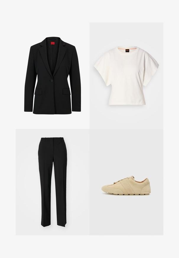 Black blazer with a notched lapel and single button closure. Features two front pockets and a smooth lining with a subtle pattern.; White cropped T-shirt, short wide sleeves, soft cotton material, round neckline with subtle orange trim, minimal design, no patterns or graphics.; Black tailored trousers with a straight-leg design, featuring a smooth texture and crisp creases along the front. No visible hardware.; Tan suede sneaker with minimalist design, rounded toe, and rubber sole. Features two vertical stripes and lace-up closure. Smooth texture.