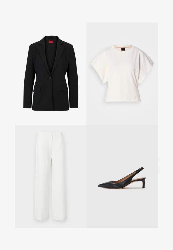 Blazer noir avec un col cranté et une fermeture à un bouton. Dispose de deux poches avant et d'une doublure lisse avec un motif subtile.; T-shirt blanc cintré, manches courtes et larges, en coton doux, décolleté rond avec une discrète bordure orange, design minimaliste, sans motifs ni graphiques.; Pantalons blancs à jambes larges avec une texture lisse, présentant un devant plat et des plis marqués. Fabriqués en tissu léger, sans motifs visibles.; Escarpin slingback en cuir noir avec un bout pointu, un petit talon et une texture lisse. Doté d'une fine sangle réglable pour un ajustement sécurisé.
