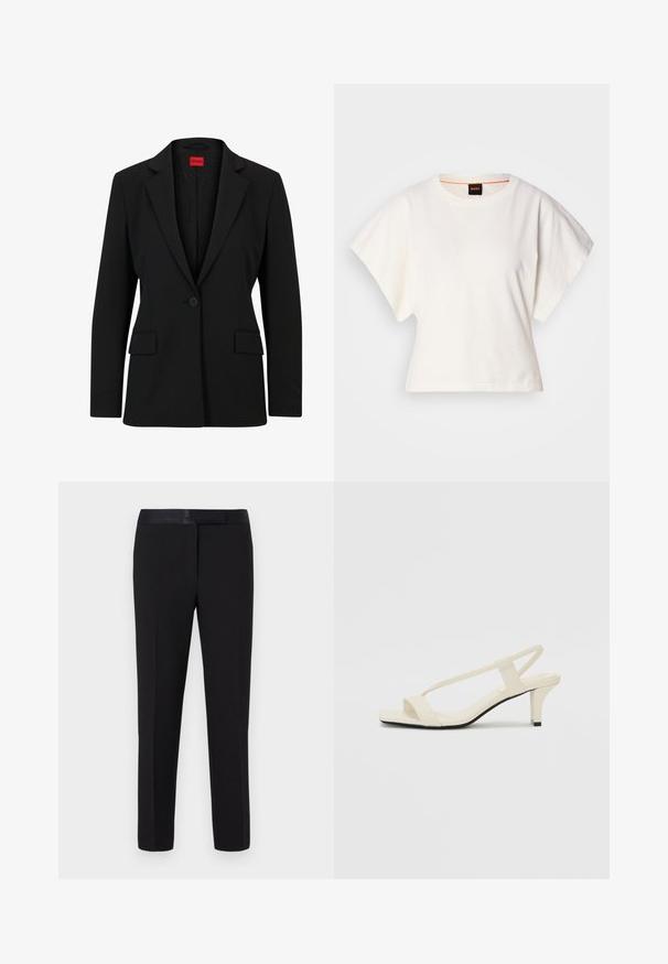 Black blazer with a notched lapel and single button closure. Features two front pockets and a smooth lining with a subtle pattern.; White cropped T-shirt, short wide sleeves, soft cotton material, round neckline with subtle orange trim, minimal design, no patterns or graphics.; Black trousers with a smooth texture, straight-cut design, and a satin waistband. Features minimal detailing and no visible patterns or accents.; Beige block-heeled sandals with thin straps and a square toe. Smooth material with minimal detailing, designed for easy wear.