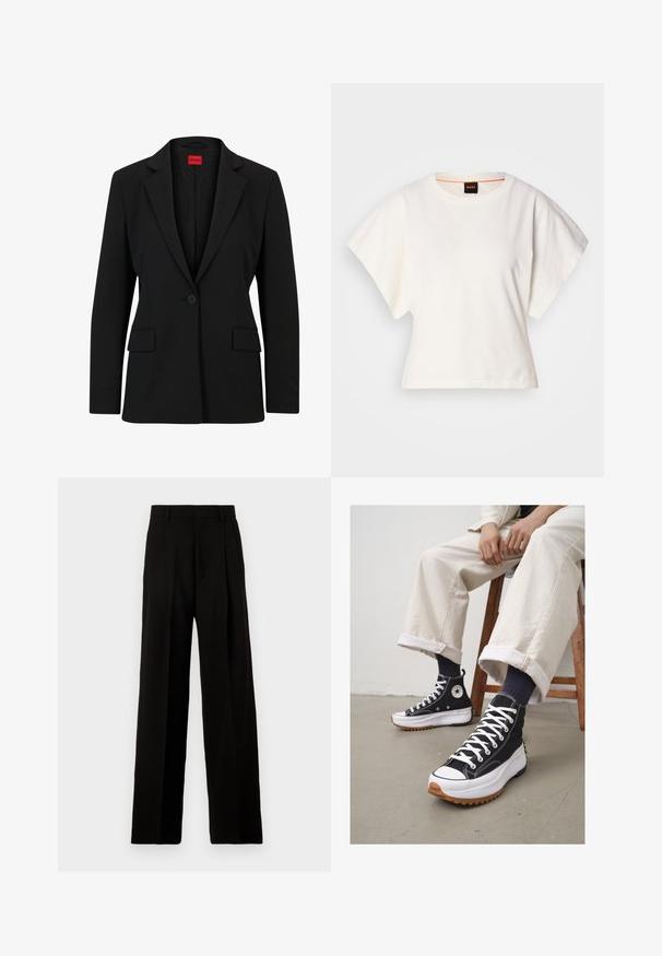 Blazer preto com lapela picada e fecho de um único botão. Apresenta dois bolsos frontais e um forro suave com um padrão subtil.; T-shirt branco cropped, mangas curtas e largas, material de algodão suave, decote redondo com um discreto acabamento laranja, design minimalista, sem padrões ou gráficos.; Calças largas pretas feitas de tecido suave, com uma cintura alta, pregas frontais e um design limpo e bem ajustado, sem adornos.; Sapatilhas altas pretas com atacadores brancos e biqueira de borracha. Sola espessa branca com uma sola exterior castanha texturizada, usadas com meias às riscas em tons de azul.