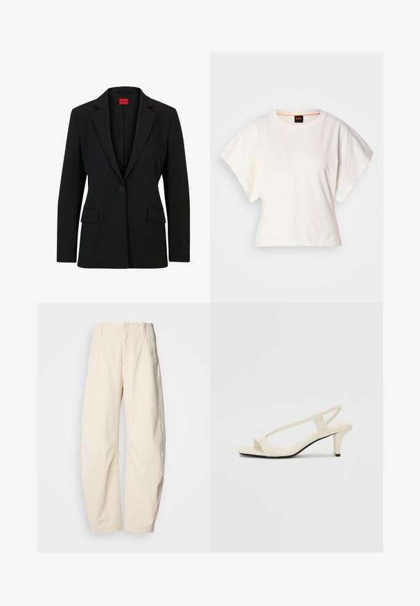 Black blazer with a notched lapel and single button closure. Features two front pockets and a smooth lining with a subtle pattern.; White cropped T-shirt, short wide sleeves, soft cotton material, round neckline with subtle orange trim, minimal design, no patterns or graphics.; Cream-colored trousers made from a textured material, featuring a high waist, straight legs, and side pockets.; Beige block-heeled sandals with thin straps and a square toe. Smooth material with minimal detailing, designed for easy wear.