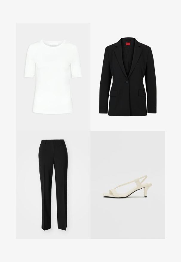 Čierny blejzer s klopaným golierom a jedným gombíkom na zapínanie. Obsahuje dve predné vrecká a hladkú podšívku s jemným vzorom.; Biela krátka rukávová tričko vyrobené z mäkkej bavlny. Má okrúhly výstrih a priliehavý strih bez vzorov alebo viditeľného hardvéru.; Čierne krajčírské nohavice so strihom rovného nohu, s hladkou textúrou a ostrými skladmi pozdĺž prednej časti. Žiadne viditeľné hardvér.; Béžové sandále na blokovom podpätku s tenkými pásikmi a štvorcovou špičkou. Hladký materiál s minimálnym detailovaním, navrhnuté pre ľahké nosenie.