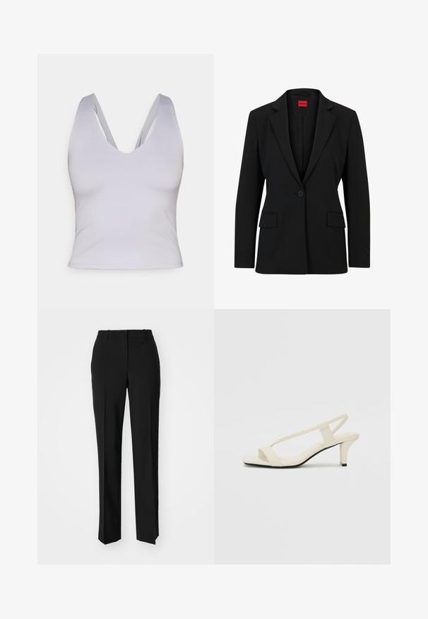 Sacou negru cu rever în formă de V și închidere cu un singur nasture. Dispune de două buzunare frontale și o căptușeală netedă cu un model subtil.; Top scurt fără mâneci, de culoare gri deschis, cu decolteu adânc în V, realizat dintr-un material neted, având bretele late și o croială ajustată.; Pantaloni negri tailor-ed cu un design drept, având o textură fină și cute clare pe față. Fără elemente de prindere vizibile.; Sandale bej cu toc bloc, cu bretele subțiri și vârf pătrat. Material neted cu detalii minime, concepute pentru a fi ușor de purtat.