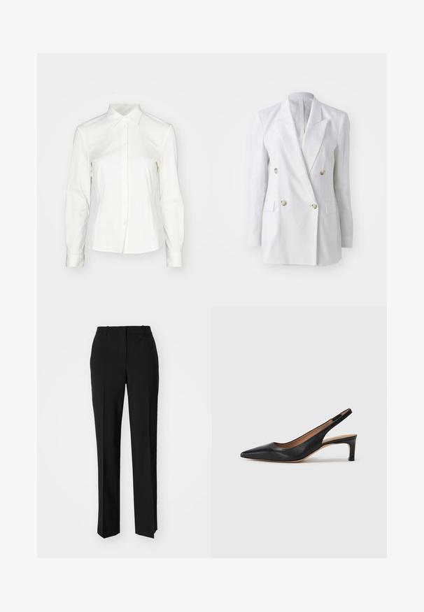 White linen double-breasted blazer featuring gold-tone buttons, two front pockets, and a notched lapel design. Smooth texture with structured fit.; White long-sleeve shirt made of soft fabric, featuring a pointed collar, button front, and tailored fit with a slightly flared bottom.; Black tailored trousers with a straight-leg design, featuring a smooth texture and crisp creases along the front. No visible hardware.; Black leather slingback pump with a pointed toe, low heel, and a smooth texture. Features a thin adjustable strap for a secure fit.
