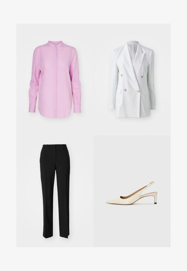White linen double-breasted blazer featuring gold-tone buttons, two front pockets, and a notched lapel design. Smooth texture with structured fit.; Light pink button-up shirt with a collar, long sleeves, and a curved hem. Features a smooth texture and single-button cuffs.; Black tailored trousers with a straight-leg design, featuring a smooth texture and crisp creases along the front. No visible hardware.; Pointed-toe slingback shoe in off-white leather, featuring a low heel and cut-out design with a smooth texture and minimal accents.