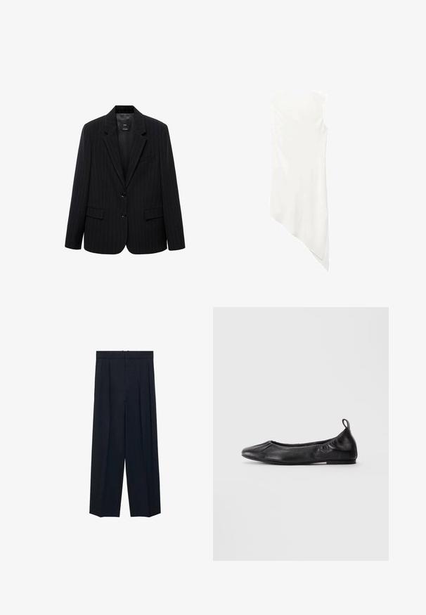 Sacou cu dungi negre, având rever înclinat, nasturi frontali și două buzunare frontale. Realizat dintr-un material neted, cu o croială ajustată.; Rochie albă fără mâneci, cu decolteu rotund și o linie de tiv asimetrică, care se lasă într-un vârf pe o parte.; Pantaloni largi de marin cu pliuri frontale, talie plată și fără accesorii vizibile. Confectionați dintr-un material neted cu o textură subtilă.; Balerini negri din piele cu vârf rotund, laterale din elastic gathered și un tab la călcâi, expuși pe un fundal deschis.