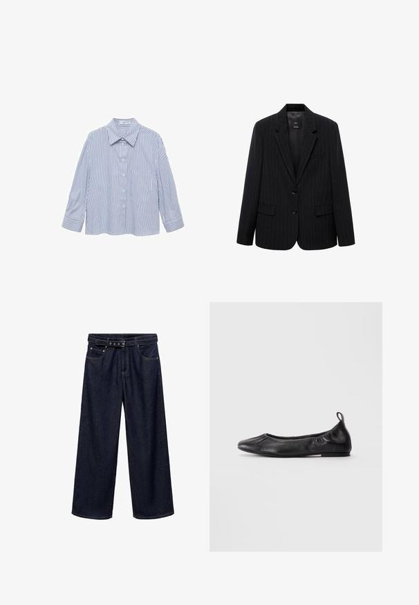 Schwarzer Blazer mit Nadelstreifen, ausgestattet mit einem Reverskragen, Frontknöpfen und zwei vorderen Taschen. Aus glattem Stoff mit taillierter Passform gefertigt.; Blau- und weiß gestreiftes Hemd mit Kragen, vorne mit Knopfleiste, langen Ärmeln und einer Brusttasche. Glattes, leichtes Material.; Dunkelblaue, weit geschnittene Jeans aus Denim. Verfügt über einen mit Gürtel versehenen Bund mit mehreren Knöpfen, Fronttaschen und einen sauberen Abschluss an den Säumen.; Schwarze Leder-Ballettschuhe mit runder Spitze, gerafften elastischen Seiten und einer Schlaufe an der Ferse, auf einem hellen Hintergrund präsentiert.