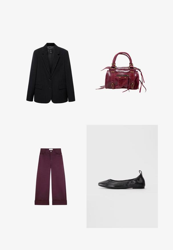 Zwarte blazer met een smal gestreept patroon, voorzien van een geknipt revers, voorknopen en twee voorzakken. Gemaakt van een gladde stof met een getailleerde pasvorm.; Asymmetrische beige top van een gladde stof, met een halternek, gedrapeerde voorkant en knoopsluiting op de rug met een strikdetail aan de onderkant.; Wijduitlopende broek van diep bordeauxdenim, met voorzakken, een knoopsluiting en opgerolde boorden voor extra detail.; Zwarte leren balletschoenen met een ronde neus, geplooide elastische zijkanten en een trekloop aan de hiel, weergegeven op een lichte achtergrond.; Rode leren handtas met glanzende afwerking, gestructureerde vorm, dubbele handvaten, ritsopening aan de bovenkant, decoratieve gespen en zijzak met franjes.