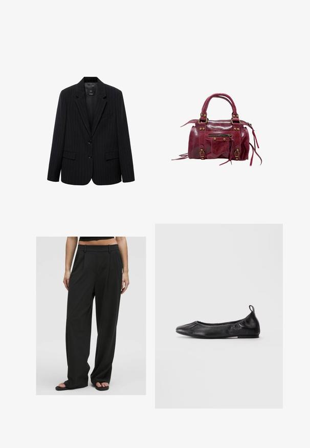 Czarna marynarka w prążki z wyłamią klapową, zapinana na guziki z przodu i z dwiema kieszeniami z przodu. Wykonana z gładkiego materiału o dopasowanym kroju.; Asymetryczny beżowy top wykonany z gładkiego materiału, z dekoltem na szyję, drapowanym przodem i zapięciem na guziki z tyłu, ozdobiony wiązaniem na dole.; Czarne spodnie o szerokich nogawkach z gładką fakturą, wysokim stanem, plisami z przodu i szlufkami na pasek, charakteryzujące się dopasowanym krojem i brakiem widocznych wzorów.; Czarne skórzane baleriny z okrągłym czubkiem, zebranymi elastycznymi bokami i pętelką na pięcie, prezentowane na jasnym tle.; Czerwona skórzana torba na ramię o błyszczącej powierzchni, solidnej konstrukcji, podwójnych uchwytach, zamykana na zamek, z dekoracyjnymi klamrami i boczną kieszenią z frędzlami.; Czerwone kolczyki w kształcie kół z koralików o fakturowanej powierzchni i złotym zapięciu. Okrągły kształt z otwartym wnętrzem i zaokrąglonymi detalami z koralików.