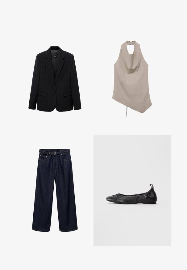 Black pinstriped blazer featuring a notched lapel, front buttons, and two front pockets. Constructed from smooth fabric with a tailored fit.; Asymmetrical beige top made of smooth fabric, features a halter neck, draped front, and back button closure with a tie detail at the hem.; Dark blue wide-leg jeans made of denim. Features a belted waistband with multiple buttons, front pockets, and a clean finish at the hems.; Black leather ballet flat with rounded toe, gathered elastic sides, and a pull tab at the heel, displayed on a light background.