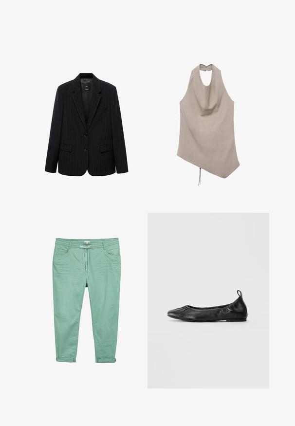 Černý pruhovaný blazer s klopovým límcem, předními knoflíky a dvěma předními kapsami. Vyroben z hladké látky s přiléhavým střihem.; Asymetrický béžový top vyrobený z hladké tkaniny, s halter krkem, splývavou přední částí a zadním zapínáním na knoflík s mašlí na lemu.; Světlé zelené kalhoty vyrobené z měkké tkaniny, s páskem na stahování v pase, dvěma předními kapsami a ohrnutými manžetami pro pohodlný střih.; Černé kožené baletní střevíce s kulatou špičkou, na bocích s gumičkou a s poutkem na patě, vystavené na světlém pozadí.