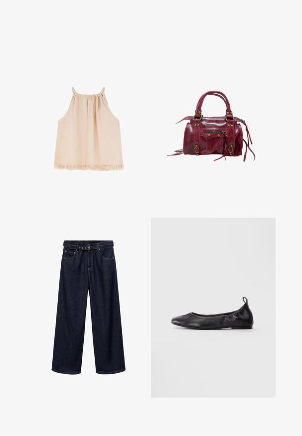 Blazer a righe nere con revers a punta, bottoni frontali e due tasche anteriori. Realizzato in tessuto morbido con una vestibilità sartoriale.; Top senza maniche di un delicato rosa chiaro con collo arricciato, design fluido e dettaglio orlo frangiato, realizzato in un morbido tessuto testurizzato.; Jeans a gamba larga di colore blu scuro realizzati in denim. Presentano una cintura con cintura e più bottoni, tasche frontali e un orlo pulito.; Ballet flat nera in pelle con punta arrotondata, lati elasticizzati arricciati e linguetta sul tallone, esposta su uno sfondo chiaro.; Borsa a mano in pelle rossa con finitura lucida, forma strutturata, doppi manici, chiusura con zip, fibbie decorative e tasca laterale con dettagli frangiati.; Anelli in resina trasparente e ambra, uno liscio e trasparente, l'altro con una finitura testurizzata in ambra. Entrambi presentano un design rotondo e corposo.