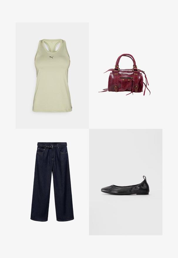 Zwarte blazer met een smal gestreept patroon, voorzien van een geknipt revers, voorknopen en twee voorzakken. Gemaakt van een gladde stof met een getailleerde pasvorm.; Lichtgroene sporttanktop met racerback ontwerp, voorzien van een subtiel logo op de borst en een soepele, rekbare stof.; Donkerblauwe wijde jeans van denim. Voorzien van een ceintuurband met meerdere knopen, voorkruiszakken en een nette afwerking aan de zoom.; Zwarte leren balletschoenen met een ronde neus, geplooide elastische zijkanten en een trekloop aan de hiel, weergegeven op een lichte achtergrond.; Rode leren handtas met glanzende afwerking, gestructureerde vorm, dubbele handvaten, ritsopening aan de bovenkant, decoratieve gespen en zijzak met franjes.