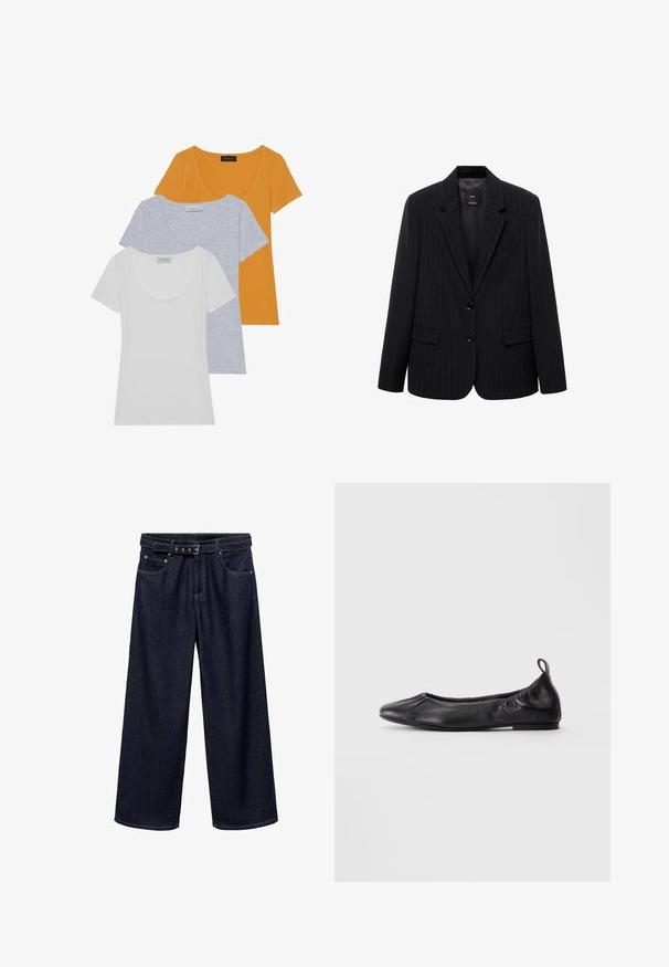 Mustat raidalliset bleiserit, joissa on lovetut kaulukset, etupainikkeet ja kaksi etutaskua. Valmistettu sileästä kankaasta, joka on muotoiltu hyvin.; Kolme lyhythihaista t-paitaa oranssina, vaaleanharmaana ja valkoisena, pehmoista puuvillasta, joissa on avara pääntie ja istuva malli.; Tummansiniset leveälahkeiset farkut, jotka on valmistettu denimistä. Ominaisuuksiin kuuluu vyötärönauha, jossa on vyölenkki ja useita nappeja, etupockets ja siisti viimeistely helmassa.; Musta nahkainen ballerinatyyppinen kengät, jossa on pyöristetty kärki, taitettava elastinen reuna ja vetotappi kantapäässä, esitelty vaalealla taustalla.