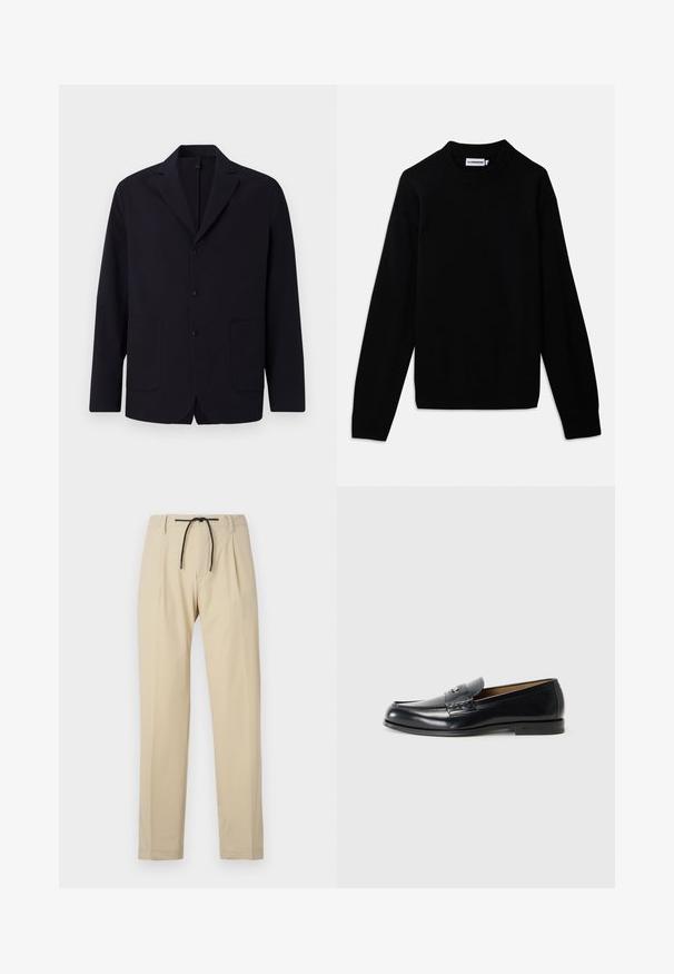 Blazer navy en tissu texturé, à un bouton avec trois boutons, revers à cran, deux poches frontales et coupe décontractée.; Pull noir avec un col rond côtelé, des manches longues et un motif en tricot texturé. Aucun logo ou ornement visible.; Pantalon beige à coupe droite, avec une taille à cordon de serrage, un devant plissé et une texture lisse. Design simple et polyvalent.; Mocassins en cuir noirs avec une finition lisse, bout arrondi, couture décorative et un petit accent métallique à l'avant.