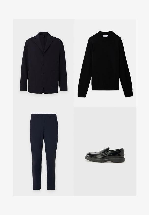Mornarski blejzer iz teksturirane tkanine, jednoredni s tremi gumbi, zarezanimi reverji, dvema sprednjima žepoma in sproščenim krojem.; Črna pulover s rebrastim okroglim izrezom, dolgimi rokavi in teksturiranjem pletenine. Brez vidnih logotipov ali okrasnih elementov.; Temno modri krojeni hlače iz tkanine s pletenjem, s ravnim sprednjim delom, zankami za pas in ožjim krojem ter stranskimi žepi.; Črne usnjene loafer čevlje z sijajno obdelavo, okroglo špico, subtilnimi šivi in debelim gumijastim podplatom za trajnost.