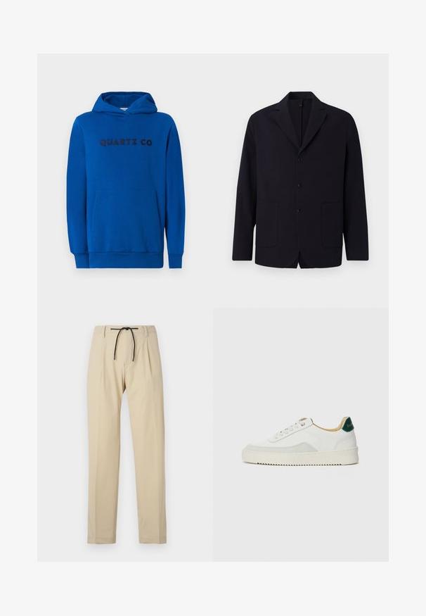 Mornarski blejzer iz teksturirane tkanine, jednoredni s tremi gumbi, zarezanimi reverji, dvema sprednjima žepoma in sproščenim krojem.; Modra kapuca iz mehkega blaga, s kenguru žepom, rebrastimi manšetami in logotipom "QUARTZ CO" natisnjenim spredaj v temnih črkah.; Bež hlače s ravnim krojem, z elastičnim pasom, plisejem na sprednji strani in gladko teksturo. Preprost, vsestranski dizajn.; Bela trenerka z zaključki iz semiša, okroglo konico, ravne vezalke in kremna gumijasta podplata. Ima zeleno blagovno znamko na peti.