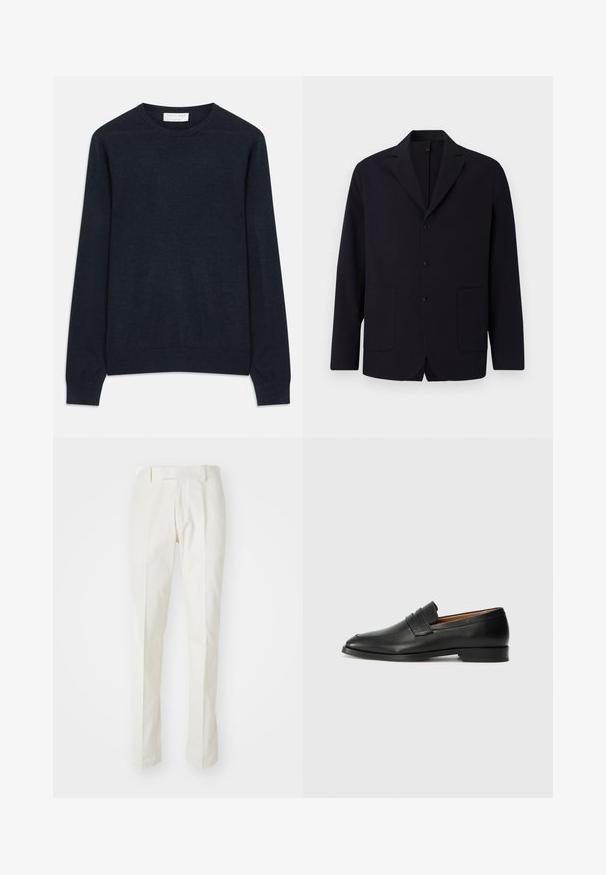 Blazer navy en tissu texturé, à un bouton avec trois boutons, revers à cran, deux poches frontales et coupe décontractée.; Pull à col rond bleu marine en tissu doux. Doté de manches longues et de bords côtelés aux poignets et à l'ourlet. Couleur unie et simple sans motifs.; Pantalons blancs en coton, présentant une coupe droite, un devant plat et sans motifs ni accessoires visibles. Texture lisse.; Mocassin en cuir noir avec un bout arrondi, des coutures subtiles et un talon bas, présentant une texture lisse et un design minimaliste.