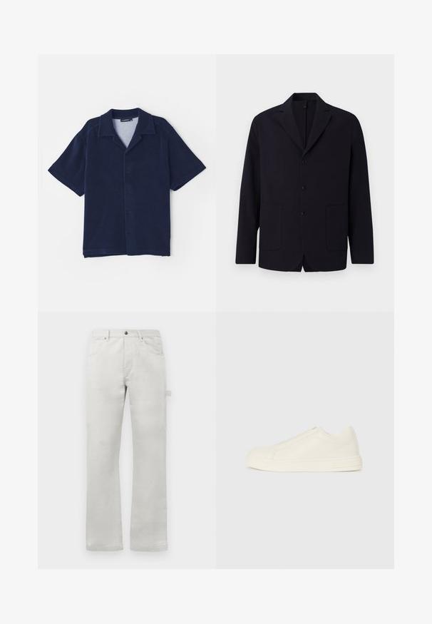 Blazer azul-marinho em tecido texturizado, de um botão, com três botões, lapelas em picote, dois bolsos frontais e um ajuste descontraído.; Camisa de manga curta azul-marinho feita de um tecido suave. Apresenta um colarinho descaído e um fecho frontal com botões. Textura suave sem padrões.; Calças cinza claro com um corte reto, feitas de tecido de algodão suave, apresentando bolsos frontais e um bolso lateral tipo cargo.; Sapatilha de couro bege de cano baixo com bico redondo, costura mínima e fecho de zíper lateral sobre um fundo branco.