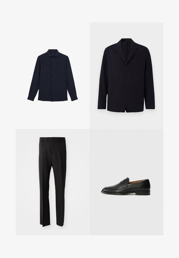 Blazer blu navy in tessuto texturizzato, monopetto con tre bottoni, rever a lancia, due tasche frontali e una vestibilità rilassata.; Reiss REGULAR FIT - RUBAN BUTTON-THROUGH - Camicia - navy; Pantaloni neri con una vestibilità dritta, realizzati in tessuto liscio, dotati di un cintura con passanti e tasche laterali. Senza motivi o accenti visibili.; Mocassino in pelle nera con punta arrotondata, dettagli cuciti sottili e tacco basso, caratterizzato da una texture liscia e un design minimalista.