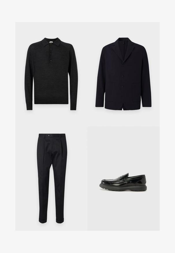 Blazer azul-marinho em tecido texturizado, de um botão, com três botões, lapelas em picote, dois bolsos frontais e um ajuste descontraído.; Camisa polo de manga longa preta, feita de um material de malha macia, com colarinho clássico, pala com cinco botões e bainha em canelado.; Calças pretas feitas de um tecido suave, com um vinco na frente, fechamento com botão e punhos dobrados no tornozelo.; Mocassim de couro preto com acabamento brilhante, bico arredondado, detalhes de costura subtil e sola de borracha espessa para durabilidade.
