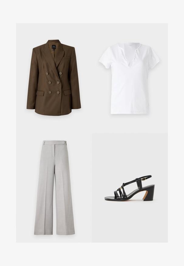 Brauner, zweireihiger Blazer mit Reverskragen, zwei Fronttaschen und sechs runden Knöpfen. Glattes Material und taillierte Passform.; Weißes Baumwoll-T-Shirt mit kurzen Ärmeln, lockerer Passform und V-Ausschnitt mit einer Leiste aus fünf dekorativen Knöpfen.; Helle graue weit geschnittene Hose aus einem glatten Material, mit einem taillierten Bund und einer vorderen Bügelfalte für einen eleganten Look.; Paul Smith AMIRA - Pumps - black