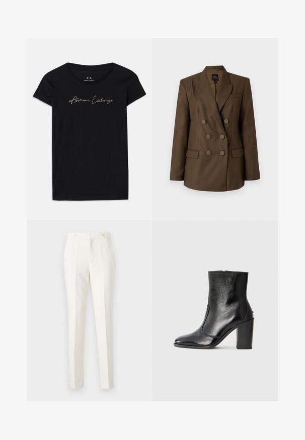 Blazer castanho de dupla abotoadura com lapelas pontiagudas, dois bolsos frontais e seis botões circulares. Tecido suave e ajuste sob medida.; T-shirt preta de manga curta feita de algodão, com um logotipo em script "Armani Exchange" em adornos dourados na parte frontal.; Calças brancas ajustadas com um corte slim, apresentando dois bolsos frontais, fecho de botão duplo e detalhes laterais discretos. Textura suave.; Bota ankle preta em pele com uma textura suave, bico fino e um salto alto robusto. Apresenta uma abertura lateral e um design minimalista.