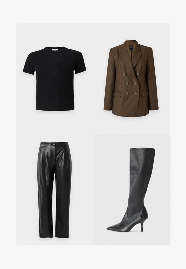 Ruda dvigubos sagos švarkas su smailiais atlapais, dviem priekinėm kišenėm ir šešiais apvaliais mygtukais. Lygus audinys ir pritaikytas siluetas.; Juodas trumpas rankovės marškinėliai, pagaminti iš minkštos medžiagos. Turi klasikę apvalią iškirptę ir tiesų apatinių kraštą, todėl yra paprasto ir universalaus dizaino.; Juodos dirbtinės odos kelnes, pasižyminčias tekstūruotu paviršiumi, plačiais kirpimais, priekinėmis klostėmis ir vienu mygtuko užsegimu juosmenyje.; Juodų odinių batų iki kelių su smailiu pirštu ir plonu stiletto kulnu. Lygus paviršius, pritaikytas dizainas ir siuvimas viršutiniame krašte.