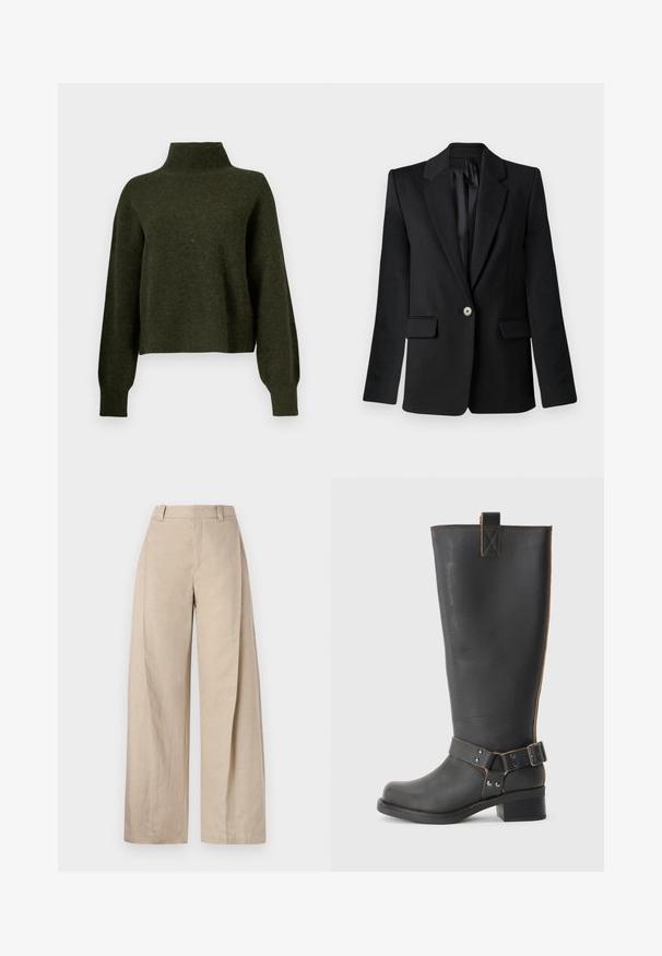 Blazer negro con solapas de muesca, cierre de un solo botón, dos bolsillos frontales y hombros estructurados. Tejido suave con un ajuste entallado.; Suéter corto de color verde oliva con cuello alto y mangas largas y sueltas. Está hecho de un material suave con una textura ligeramente peluda.; Pantalones de lino beige de pierna ancha con cintura alta, que presentan una textura suave y líneas limpias, diseñados para un ajuste relajado.; Bota de cuero negro hasta la rodilla con un acabado texturizado, que presenta un acento de hebilla lateral y un tacón bajo. Costura detallada a lo largo de las costuras.